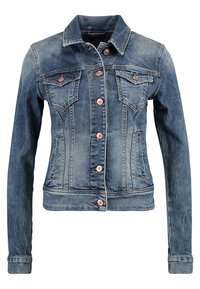 Denim jacket in light blue, featuring a collar, button-up front, two chest pockets, and long sleeves with buttoned cuffs.