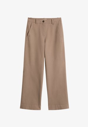 Beige broek met rechte pijpen, zijzakken, ceintuurlussen en een knoopsluiting in de taille.
