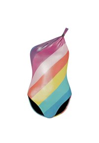 Jednoczęściowy strój kąpielowy na jedno ramię z ukośnymi paskami w kolorach różowym, pomarańczowym, żółtym, zielonym i niebieskim. Materiał ma błyszczące wykończenie z czarną podszewką.