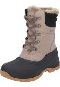 Beige waterproof winter boot with faux fur collar, metal eyelets, and black rubber sole; features prominent lacing system and textured surface.
