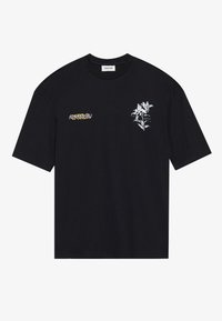 Black cotton t-shirt featuring white floral embroidery on the front and yellow text on the left side. Short sleeves, crew neck design.