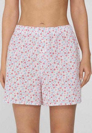 Floral-print shorts in soft fabric; white background with pink and blue flowers; elastic waistband; relaxed fit; knee-length.