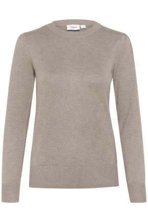 Suéter de manga larga gris claro con cuello redondo. Puños y dobladillo acanalados, hecho de una tela suave y texturizada. Diseño simple, sin patrones.