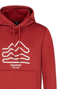 Rode hoodie met een grote witte bergafbeelding, trekkoorden en een voorzak. Zachte textuur, casual ontwerp en verstelbare capuchon.