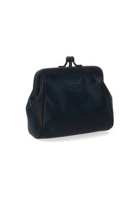 Black leather coin purse with a rounded shape, metal clasp closure, and embossed logo. Smooth texture with subtle sheen and no visible patterns.