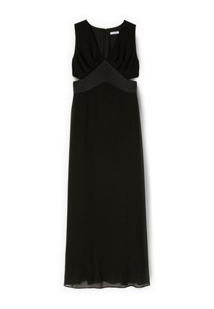 Robe maxi noire sans manches avec un décolleté en V, une taille cintrée présentant des détails de couture horizontaux et une jupe fluide.