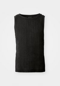 Haut noir sans manches avec une texture côtelée, un col rond et des côtés légèrement transparents. Le tissu est léger et doux.