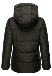 Black puffer jacket featuring a hood, quilted design, and ribbed cuffs. Made from smooth, water-resistant material with a logo tag at the hem.