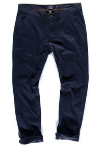 Pantaloni blu navy in morbido cotone, design affusolato, con due tasche frontali e orli arrotolati. Presentano una striscia marrone in vita.