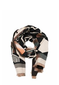 Sciarpa con motivo geometrico multicolore caratterizzata da tonalità di nero, bianco e arancione, con bordi frangiati e un tessuto morbido e testurizzato.