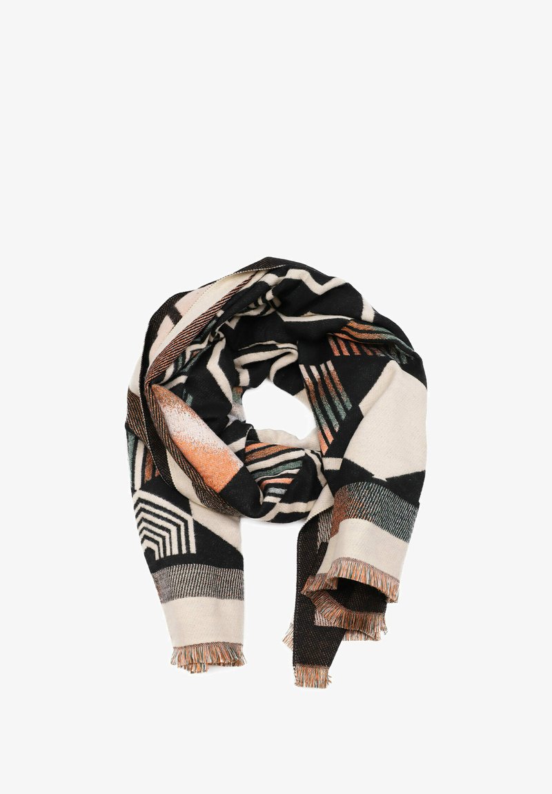 Sciarpa con motivo geometrico multicolore caratterizzata da tonalità di nero, bianco e arancione, con bordi frangiati e un tessuto morbido e testurizzato.