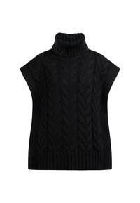 Schwarzer, grob gestrickter Rollkragenpullover mit lockerer Passform, kurzen Ärmeln und geripptem Saum. Bietet ein strukturiertes, dickes Strickmuster.