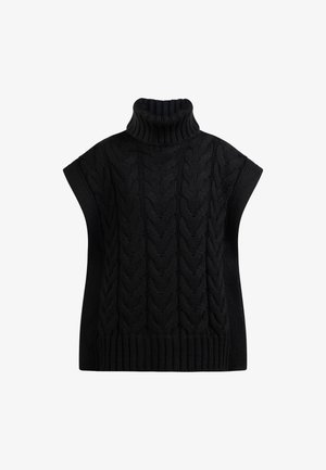 Pull en col roulé noir en maille torsadée avec une coupe décontractée, des manches courtes et un ourlet côtelé. Présente un motif de tricot texturé et épais.
