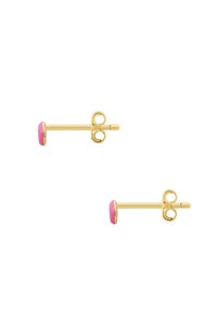 Zelta tonis stud auskari ar apaļiem rozā emaljas akcentiem, gludu tekstūru un sarežģītu vērpjot dizainu uz stieples aizmugures.