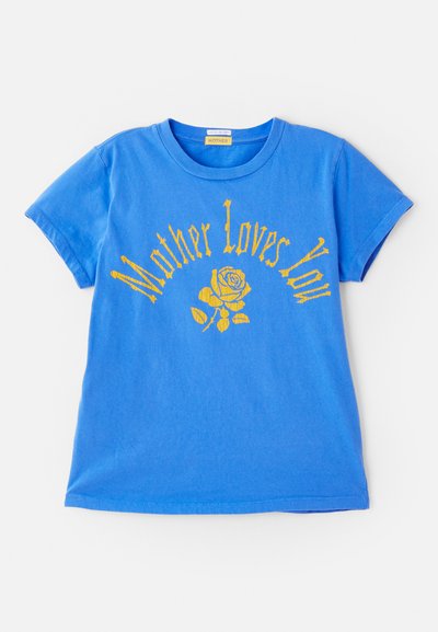 Blue cotton t-shirt with short sleeves featuring yellow text "Mother Loves You" and a rose graphic at the center. Rounded neckline.
