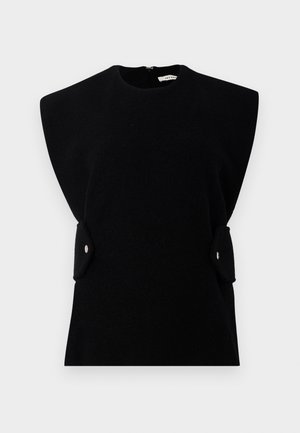 Black sleeveless top with a high neckline, structured shoulders, and side accents. Made of textured fabric with a hidden zip closure at the back.