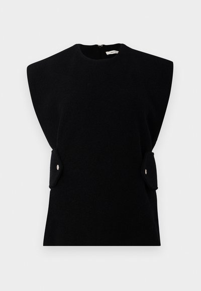 Black sleeveless top with a high neckline, structured shoulders, and side accents. Made of textured fabric with a hidden zip closure at the back.