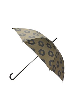 Brązowy parasol z czarnym wzorem kwiatowym, czarną zakrzywioną rączką i metalowym trzonem, otwarty na białym tle.