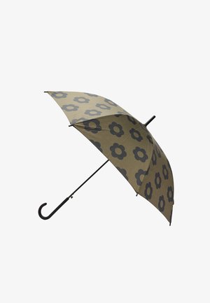 Brązowy parasol z czarnym wzorem kwiatowym, czarną zakrzywioną rączką i metalowym trzonem, otwarty na białym tle.