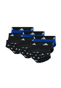 Sechs Paare Unterwäsche mit einem schwarz-blauen Farbschema. Schwarzer Stoff mit weißen Adidas-Logos und Mustern, elastischen Taillenbändern.
