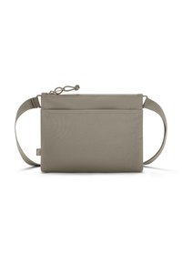 Borsa in tessuto beige con design piatto, chiusura con zip singola e tracolla removibile. Presenta una tasca sul retro per ulteriore spazio di archiviazione.