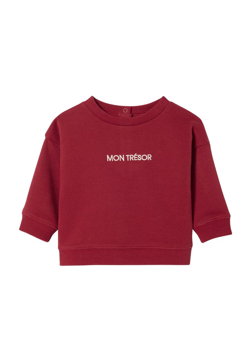 Rotes Baumwoll-Sweatshirt mit Rundhalsausschnitt, kurzen Ärmeln und gerippten Bündchen. Mit "MON TRÉSOR" in Weiß auf der Vorderseite bestickt.