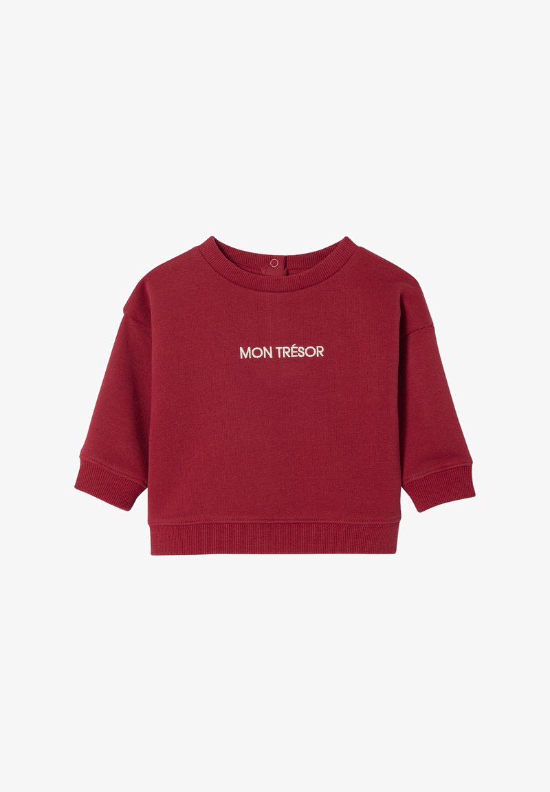 Rotes Baumwoll-Sweatshirt mit Rundhalsausschnitt, kurzen Ärmeln und gerippten Bündchen. Mit "MON TRÉSOR" in Weiß auf der Vorderseite bestickt.
