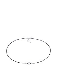 Black cord necklace featuring a silver accent with a cross shape and two round silver beads, secured with a clasp and adjustable chain.