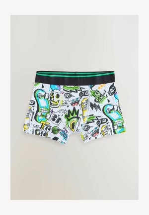 Rugalmas anyagból készült boxer alsónadrág, fekete derékkal, zöld csíkokkal. A dizájn színes grafikákat tartalmaz koponyákról, szörnyekről és feliratokról.