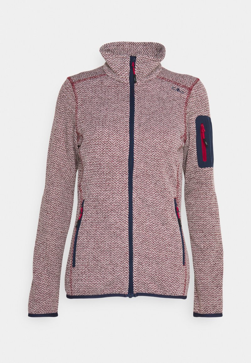 Giacca in tessuto a motivi houndstooth rossi e blu navy, con colletto alto, chiusura a zip frontale e tasche laterali. Presenta un contrastante toppa navy sui gomiti e una zip blu navy.
