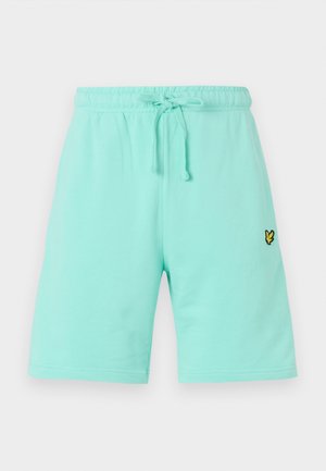 Lichte mintgroene katoenen shorts met een elastische tailleband en een verstelbaar trekkoord, met een klein zwart en geel logo op de voorkant.