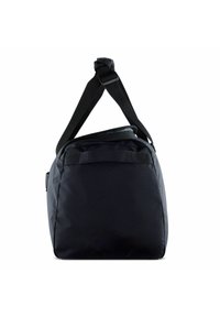 Black fabric shoulder bag with a rectangular shape, featuring a knotted strap and a soft top edge, designed with a textured surface.