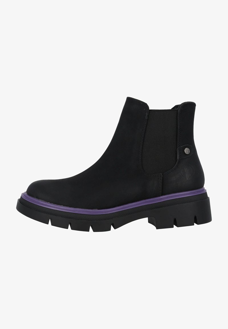 Bottine noire à cheville avec panneaux latéraux élastiques et accents violets sur la semelle. Dotée d'une semelle en caoutchouc épaisse avec un dessin de bande de roulement texturé.