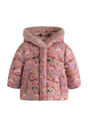 Geacă roz pentru copii cu căptușeală, cu modele florale, unicorn, iepuraș și buburuză și glugă moale căptușită cu pluș.
