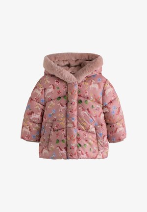 Veste enfant matelassée rose avec motifs floraux, licorne, lapin et coccinelle, et une capuche doublée en peluche douce.
