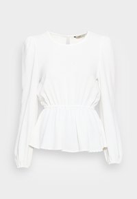 Blusa bianca a maniche lunghe con scollo rotondo, vita arricciata e texture plissettata. Presenta una chiusura a forma di chiave sul retro e polsini elasticizzati.
