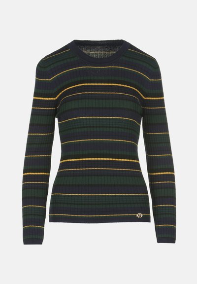 Maglione a costine con righe orizzontali in verde scuro, blu navy e giallo. Collo rotondo e dettaglio dorato all'orlo.