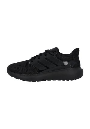 Black athletic shoes featuring a mesh upper, three diagonal stripes, and Cloudfoam sole for cushioning. Smooth texture and streamlined design.