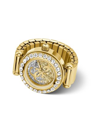 Gold-tone wristwatch with crystal-studded bezel, glittery silver and gold dial, decorative logo, and expandable linked bracelet band.