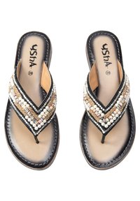 Sandali infradito neri con una cintura decorativa di perline che presenta perle, dettagli metallici e una soletta imbottita color cammello. Taglia 39.
