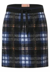 Jupe à carreaux avec des nuances de bleu, gris et noir, dotée d'une taille élastique et d'un cordon de serrage. Texture douce avec des motifs contrastés.