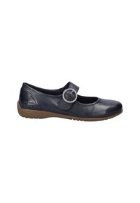 Navy leather Mary Jane shoe with a round toe, side buckle accent, soft upper, and rubber sole for comfort.