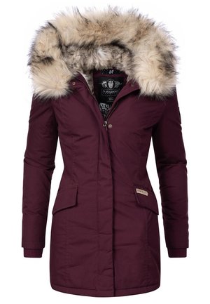 Burgundy parka with faux fur hood, zip closure, two front pockets, ribbed cuffs, and a soft textured fabric. Lined interior with brand label.