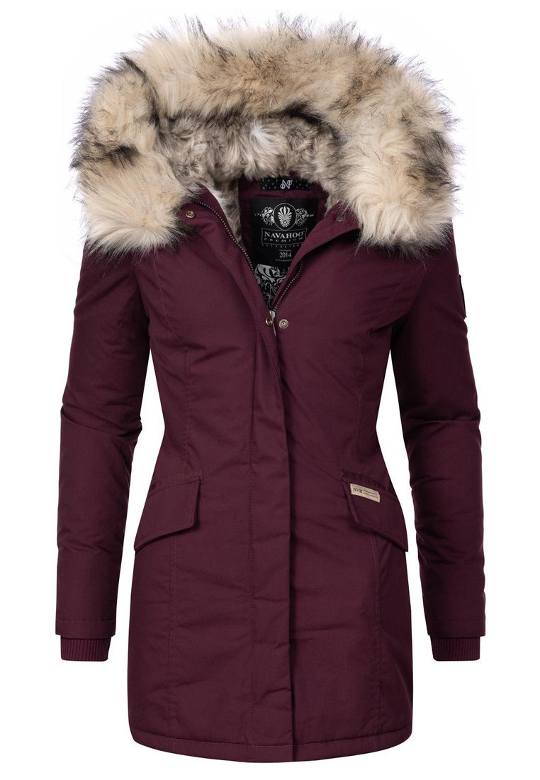 Burgundy parka with faux fur hood, zip closure, two front pockets, ribbed cuffs, and a soft textured fabric. Lined interior with brand label.