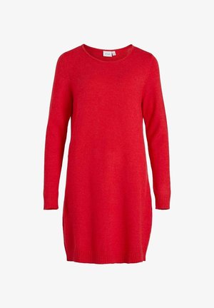 Robe pull rouge à manches longues en maille avec poignets et ourlet côtelés, encolure ronde et longueur mi-cuisse.