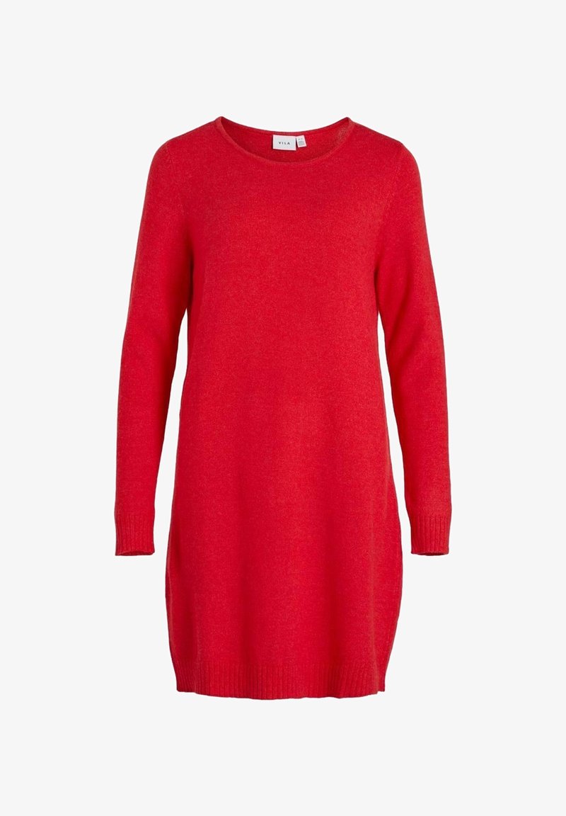 Robe pull rouge à manches longues en maille avec poignets et ourlet côtelés, encolure ronde et longueur mi-cuisse.
