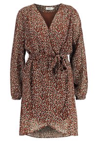 Robe portefeuille marron avec un motif léopard en turquoise et noir. Elle comporte des manches longues et une ceinture à nouer à la taille. Tissu léger.