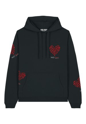 Black hoodie featuring red heart patterns on the front and sleeves. Includes a kangaroo pocket and a drawstring hood for adjustment.