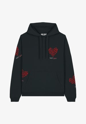 Black hoodie with a front pocket. Features red heart patterns and "SWEET" text on the chest and sleeves. Made from soft fabric.