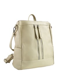 Sac à dos en cuir crème avec une finition texturée, poches à double zip, bandoulière réglable et poignée supérieure. Design compact et moderne.